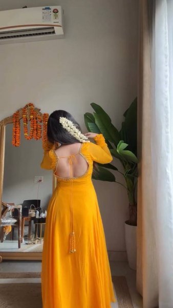 Haldi Special  Faux Georgette Handwork Anarkali Set with Cotton Pant   Moti Lace Dupatta For Women  Georgette Kurti 