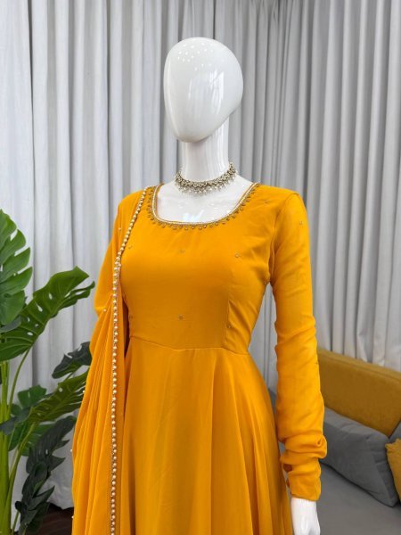 Haldi Special  Faux Georgette Handwork Anarkali Set with Cotton Pant   Moti Lace Dupatta For Women  Georgette Kurti 