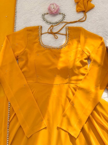 Haldi Special  Faux Georgette Handwork Anarkali Set with Cotton Pant   Moti Lace Dupatta For Women  Georgette Kurti 