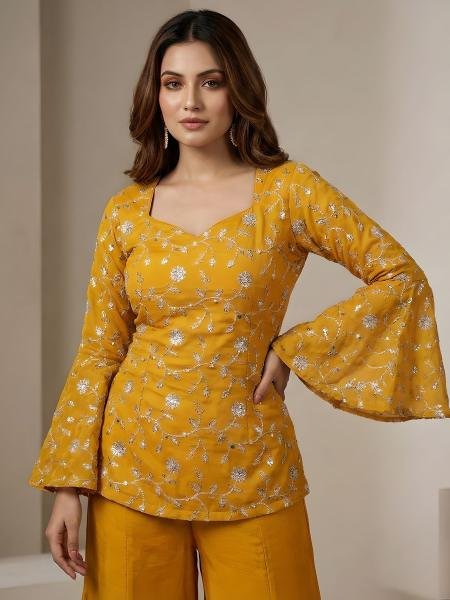 Haldi Special Fendy Silk Party Wear Palazzo Set With Thread and Embroidery Work For Woman Ready To Wear Collection