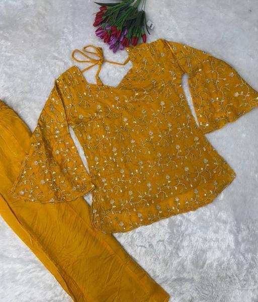 Haldi Special Fendy Silk Party Wear Palazzo Set With Thread and Embroidery Work For Woman Ready To Wear Collection