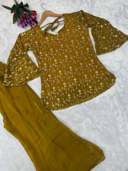 Haldi Special Fendy Silk Party Wear Palazzo Set With Thread and Embroidery Work For Woman Ready To Wear Collection