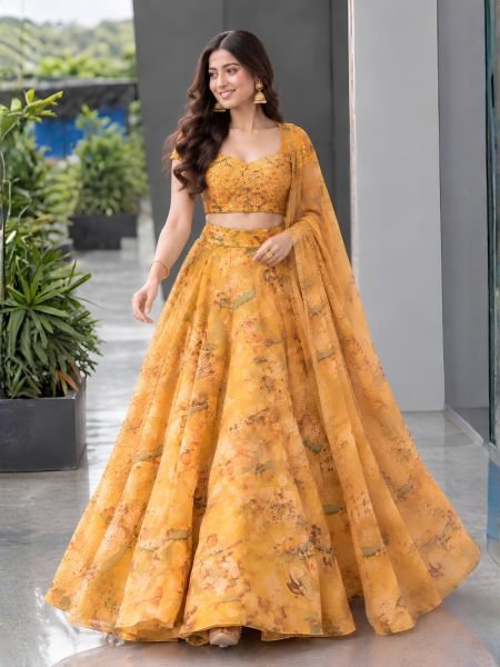 Haldi Special Yellow Organza Digital Printed Lehenga Choli with Sequin Work  Lehenga