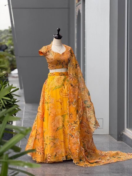 Haldi Special Yellow Organza Digital Printed Lehenga Choli with Sequin Work Designer Lehenga Choli