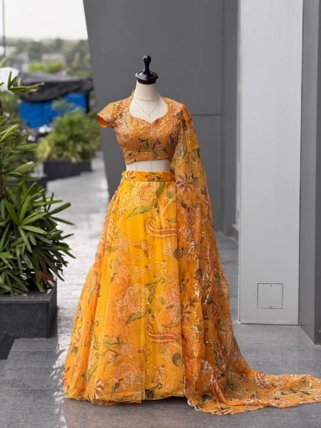 Haldi Special Yellow Organza Digital Printed Lehenga Choli with Sequin Work Designer Lehenga Choli