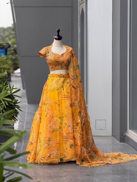 Haldi Special Yellow Organza Digital Printed Lehenga Choli with Sequin Work Designer Lehenga Choli