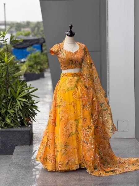 Haldi Special Yellow Organza Digital Printed Lehenga Choli with Sequin Work Designer Lehenga Choli