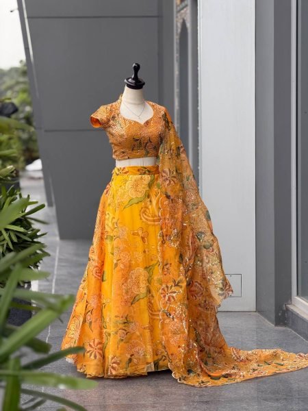 Haldi Special Yellow Organza Digital Printed Lehenga Choli with Sequin Work Designer Lehenga Choli