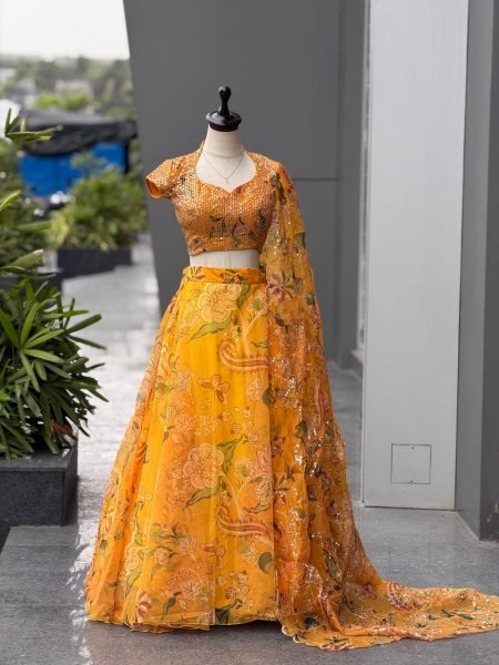 Haldi Special Yellow Organza Digital Printed Lehenga Choli with Sequin Work Designer Lehenga Choli