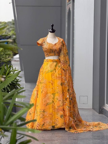 Haldi Special Yellow Organza Digital Printed Lehenga Choli with Sequin Work Designer Lehenga Choli