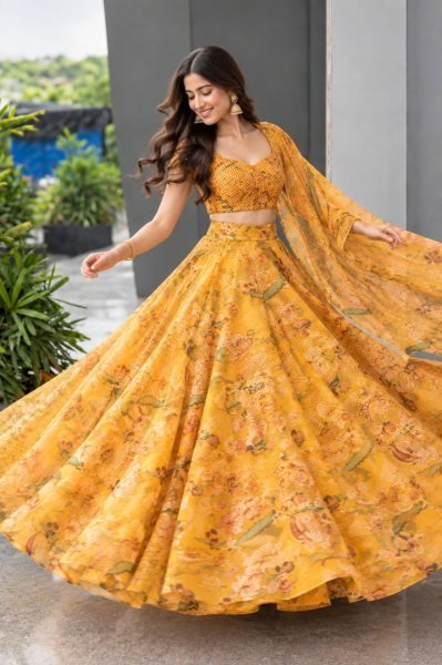Haldi Special Yellow Organza Digital Printed Lehenga Choli with Sequin Work Designer Lehenga Choli