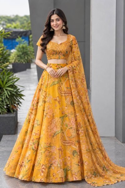 Haldi Special Yellow Organza Digital Printed Lehenga Choli with Sequin Work Designer Lehenga Choli