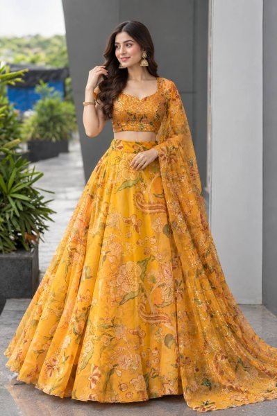 Haldi Special Yellow Organza Digital Printed Lehenga Choli with Sequin Work Designer Lehenga Choli