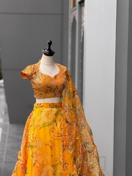 Haldi Special Yellow Organza Digital Printed Lehenga Choli with Sequin Work Designer Lehenga Choli