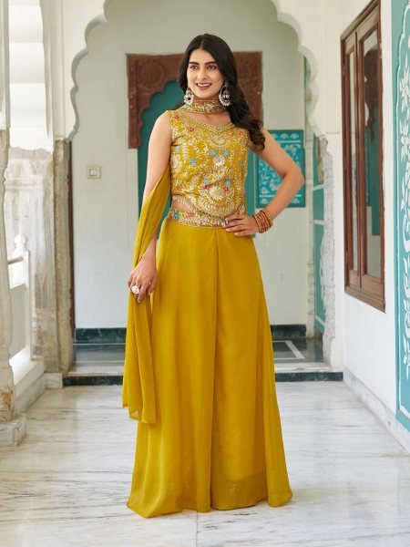 Haldi Special Yellow Georgette Palazzo Set with Embroidered Blouse Celebration Ready Ready To Wear Collection