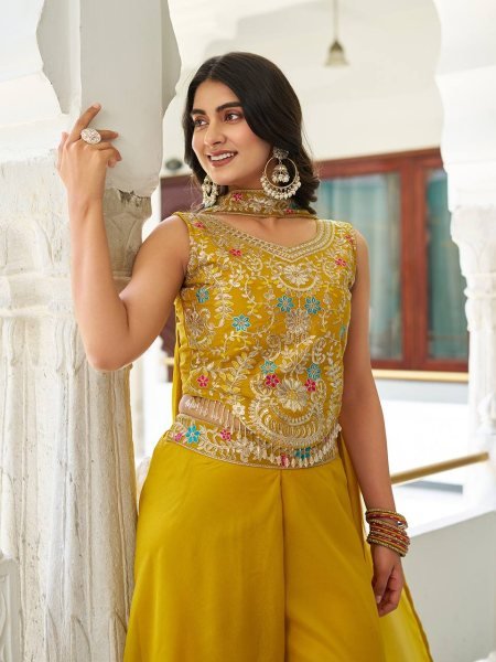 Haldi Special Yellow Georgette Palazzo Set with Embroidered Blouse Celebration Ready Ready To Wear Collection