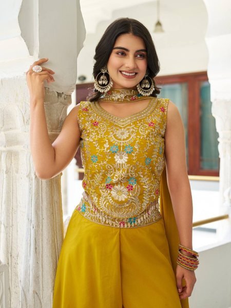 Haldi Special Yellow Georgette Palazzo Set with Embroidered Blouse Celebration Ready Ready To Wear Collection