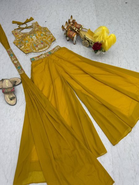 Haldi Special Yellow Georgette Palazzo Set with Embroidered Blouse Celebration Ready Ready To Wear Collection