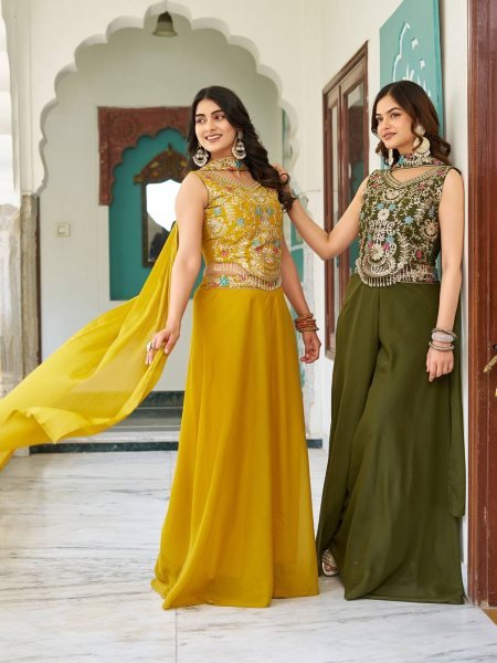 Haldi Special Yellow Georgette Palazzo Set with Embroidered Blouse Celebration Ready Ready To Wear Collection