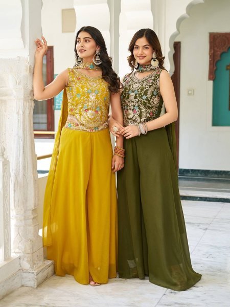 Haldi Special Yellow Georgette Palazzo Set with Embroidered Blouse Celebration Ready Ready To Wear Collection