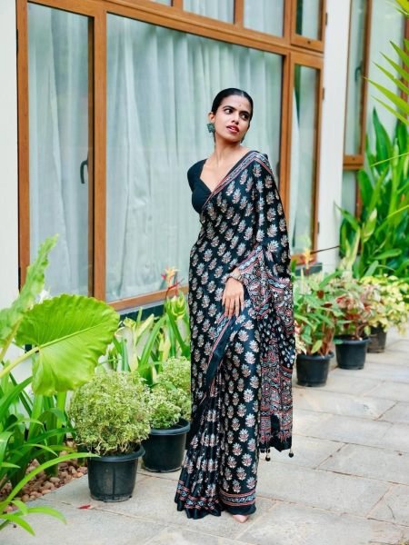 Handcrafted Black Designer Chinon Silk Saree with Real Mirror Work and Printed Design Sarees 