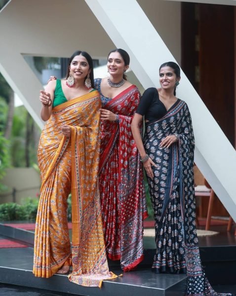 Handcrafted Black Designer Chinon Silk Saree with Real Mirror Work and Printed Design Silk Sarees Wholesale