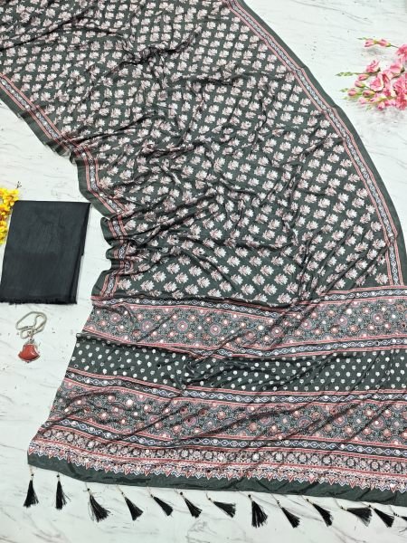 Handcrafted Black Designer Chinon Silk Saree with Real Mirror Work and Printed Design Silk Sarees Wholesale