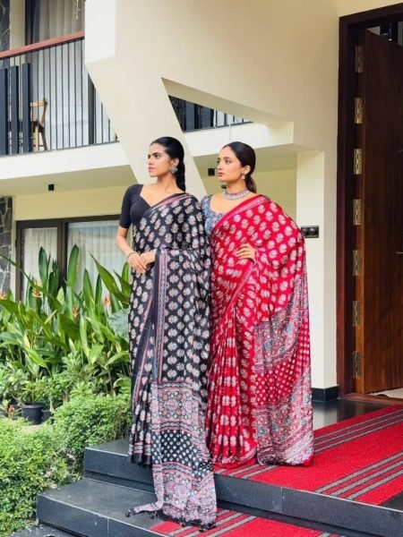 Handcrafted Black Designer Chinon Silk Saree with Real Mirror Work and Printed Design Silk Sarees Wholesale