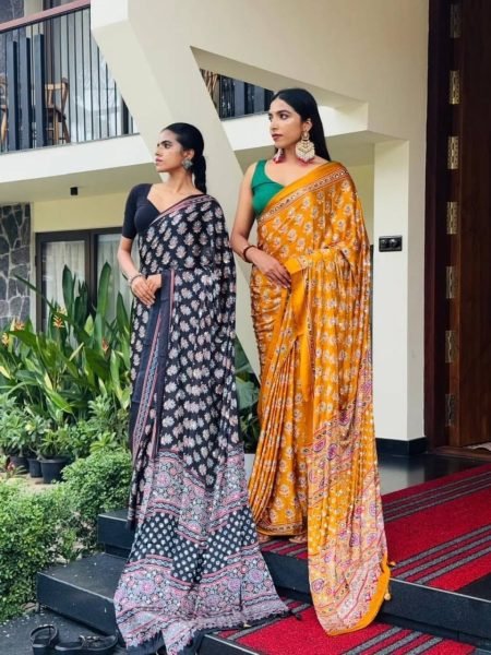 Handcrafted Black Designer Chinon Silk Saree with Real Mirror Work and Printed Design Silk Sarees Wholesale