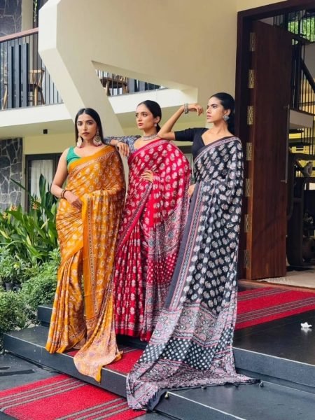 Handcrafted Black Designer Chinon Silk Saree with Real Mirror Work and Printed Design Silk Sarees Wholesale