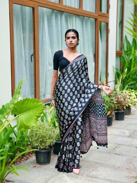 Handcrafted Black Designer Chinon Silk Saree with Real Mirror Work and Printed Design Silk Sarees Wholesale