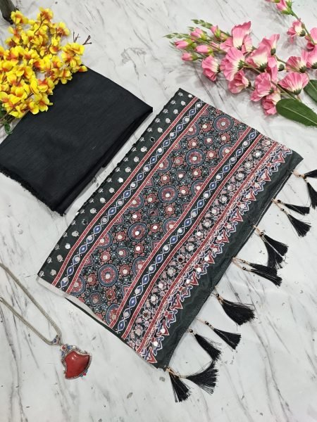 Handcrafted Black Designer Chinon Silk Saree with Real Mirror Work and Printed Design Silk Sarees Wholesale