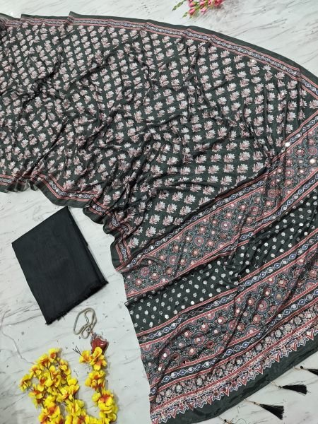 Handcrafted Black Designer Chinon Silk Saree with Real Mirror Work and Printed Design Silk Sarees Wholesale