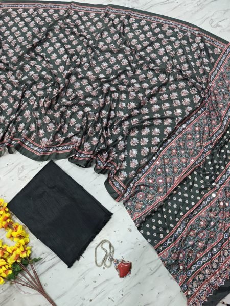 Handcrafted Black Designer Chinon Silk Saree with Real Mirror Work and Printed Design Silk Sarees Wholesale