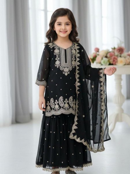 Handcrafted Black Girls Palazzo Suit with Dupatta for Wedding and Party Wear Kurtis