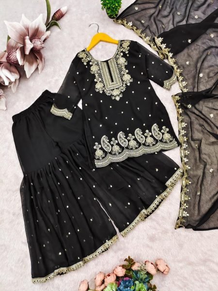 Handcrafted Black Girls Palazzo Suit with Dupatta for Wedding and Party Wear Girls Wear