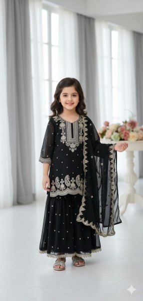 Handcrafted Black Girls Palazzo Suit with Dupatta for Wedding and Party Wear Girls Wear