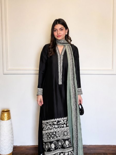 Handcrafted Black Glass Fabric Suit Set with Organza Dupatta Using Thread Work For Party Wear Ready To Wear Suit