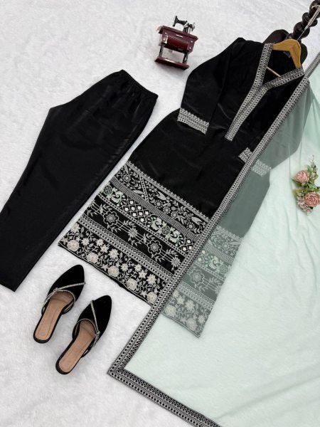 Handcrafted Black Glass Fabric Suit Set with Organza Dupatta Using Thread Work For Party Wear Ready To Wear Collection