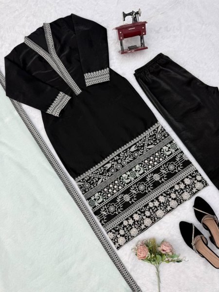 Handcrafted Black Glass Fabric Suit Set with Organza Dupatta Using Thread Work For Party Wear Ready To Wear Collection