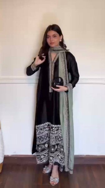 Handcrafted Black Glass Fabric Suit Set with Organza Dupatta Using Thread Work For Party Wear Ready To Wear Collection