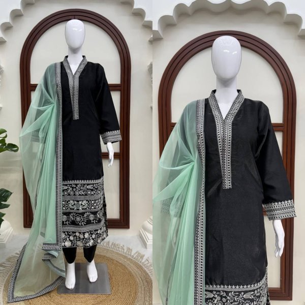 Handcrafted Black Glass Fabric Suit Set with Organza Dupatta Using Thread Work For Party Wear Ready To Wear Collection