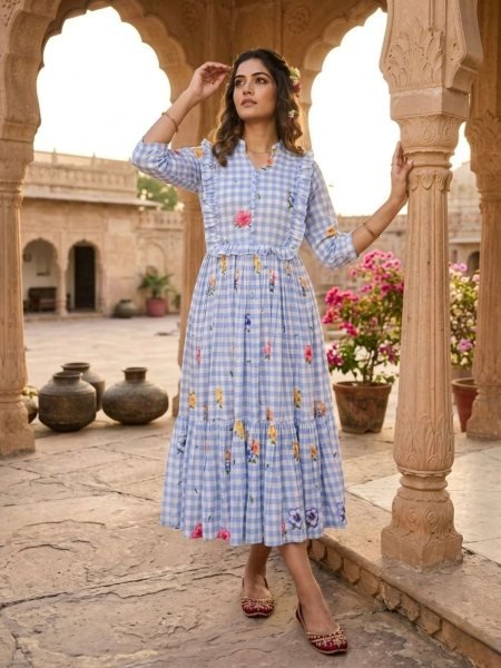 Handcrafted Blue Muslin Silk Kurti with Gingham Print and V Neck Collar Kurtis