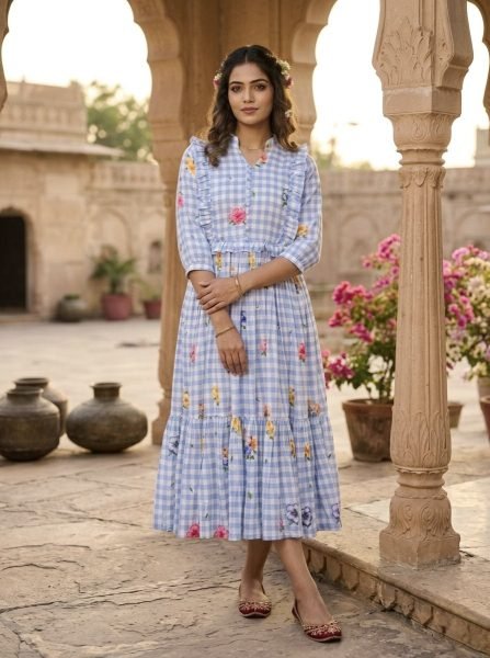 Handcrafted Blue Muslin Silk Kurti with Gingham Print and V Neck Collar Western Ladies Top Wholesale