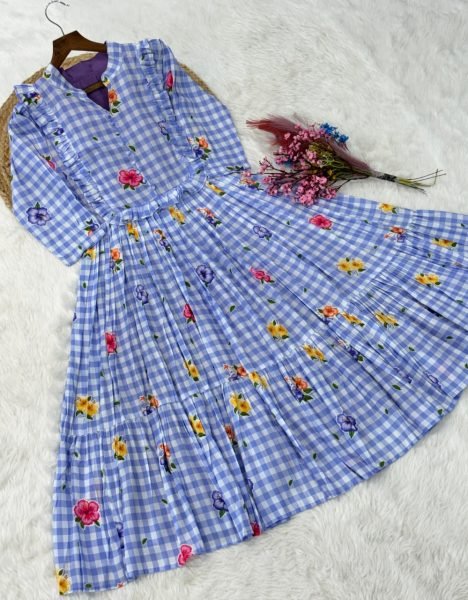 Handcrafted Blue Muslin Silk Kurti with Gingham Print and V Neck Collar Western Ladies Top Wholesale