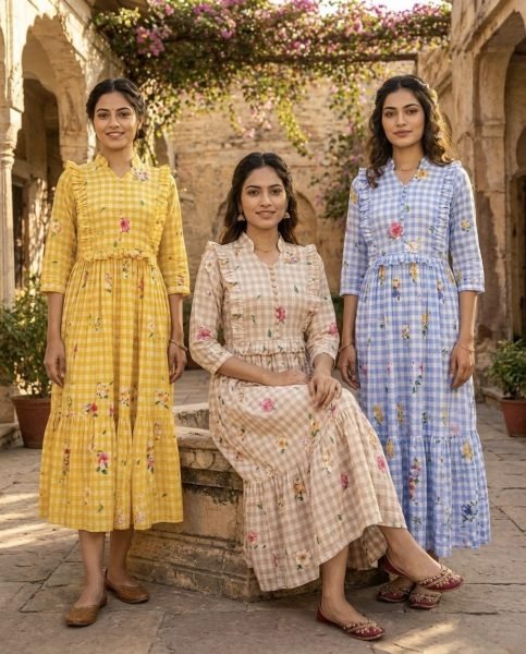 Handcrafted Blue Muslin Silk Kurti with Gingham Print and V Neck Collar Western Ladies Top Wholesale