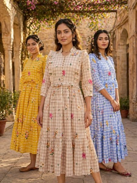 Handcrafted Blue Muslin Silk Kurti with Gingham Print and V Neck Collar Western Ladies Top Wholesale