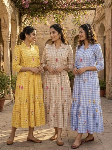 Handcrafted Blue Muslin Silk Kurti with Gingham Print and V Neck Collar Western Ladies Top Wholesale