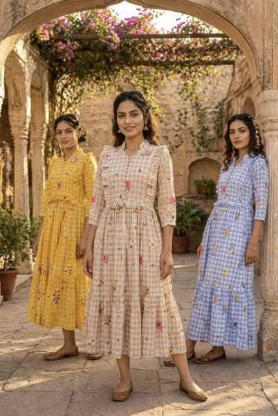 Handcrafted Blue Muslin Silk Kurti with Gingham Print and V Neck Collar Western Ladies Top Wholesale