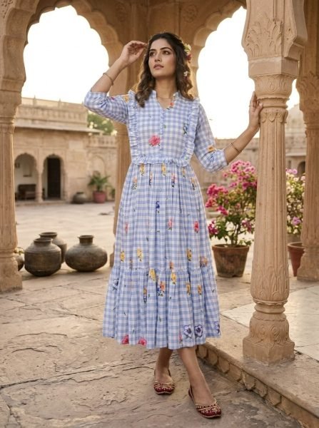 Handcrafted Blue Muslin Silk Kurti with Gingham Print and V Neck Collar Western Ladies Top Wholesale